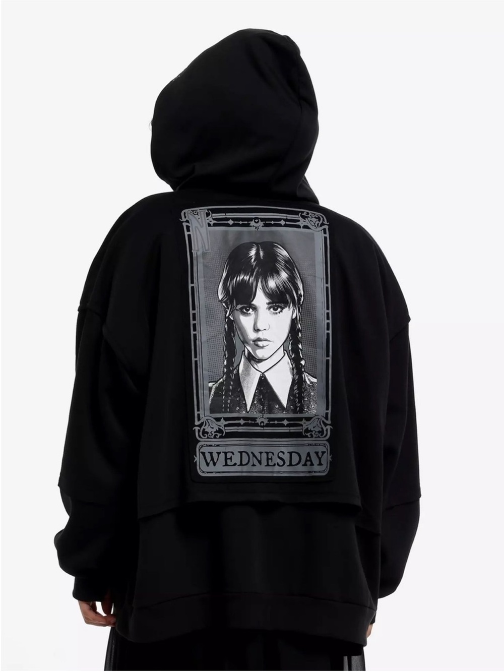 ADDAMS FAMILY Wednesday Split Window Girls Oversized Hoodie Black Size M NEW